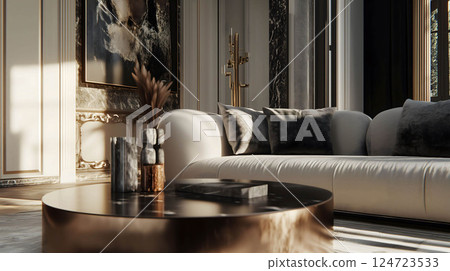 Elegant living room with white sofa and marble coffee table bathed in sunlight 124723533