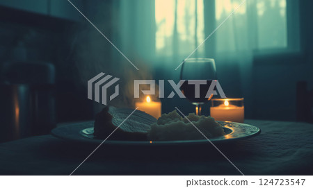 Steaming hot food served on a table with wine and lit candles in a dark room 124723547