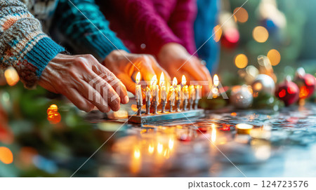 Family celebrating hanukkah lighting candles on a menorah at home 124723576