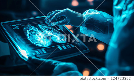 Medical doctor analyzing mammogram for breast cancer detection on digital tablet 124723592