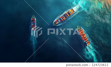 Three cargo container ships sailing across the ocean 124723611