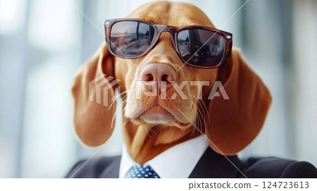 Serious dog is wearing a suit and sunglasses Serious dog is wearing a suit and sunglasses 124723613