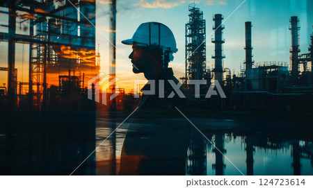 Engineer looking at sunset on industrial plant background Engineer looking at sunset on industrial plant background 124723614