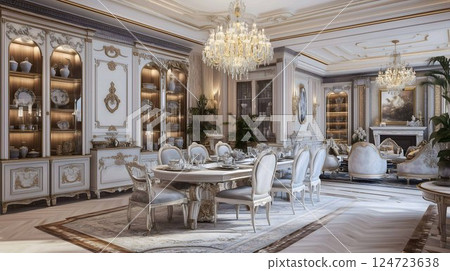 Luxurious dining room with classic design featuring large table and chandeliers 124723638