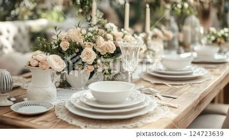 Elegant table setting with white plates and peach roses centerpiece on wooden table 124723639