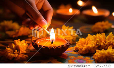 Woman lighting diya lamp for diwali festival celebration Woman lighting diya lamp for diwali festival celebration 124723672