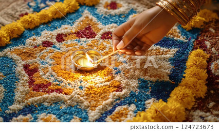 Woman lighting a diya on rangoli during diwali festival celebration Woman lighting a diya on rangoli during diwali festival celebration 124723673