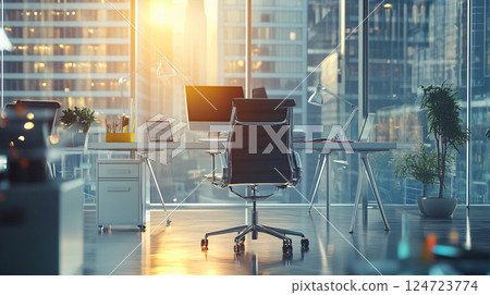 Modern office interior bathed in golden hour sunlight with cityscape view 124723774