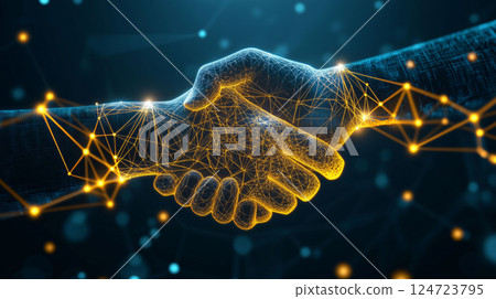 Two digital hands shaking in a technological agreement 124723795