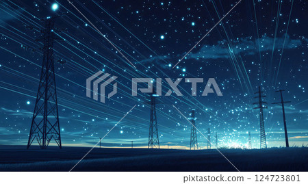 Power lines transferring energy across countryside at night with starry sky 124723801