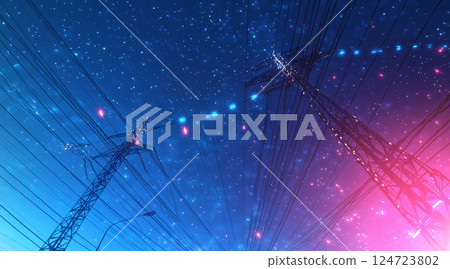 High voltage power lines crossing a futuristic night sky with glowing particles High voltage power lines crossing a futuristic night sky with glowing particles 124723802