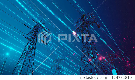 Power grid lines and electricity pylons transferring energy at night 124723810