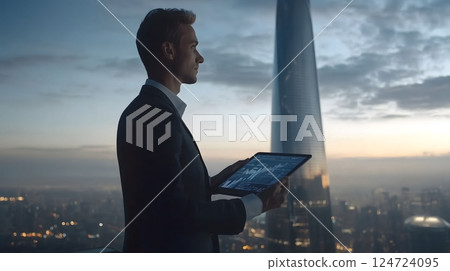 Young businessman using digital tablet analyzing financial data overlooking cityscape at night 124724095
