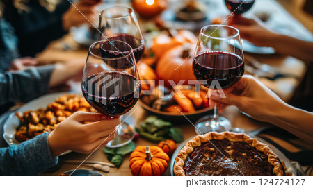 Family toasting with red wine at thanksgiving dinner table celebrating with food and drink 124724127