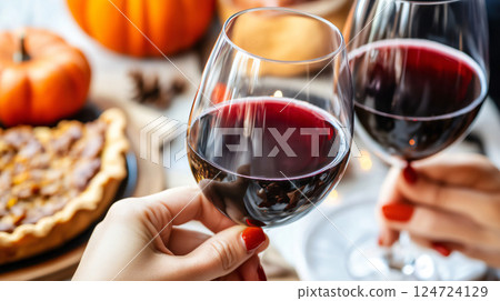 Two people are celebrating thanksgiving by toasting with glasses of red wine 124724129
