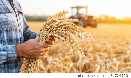 Farmer holding wheat after harvesting with tractor in background Farmer holding wheat after harvesting with tractor in background 124724130