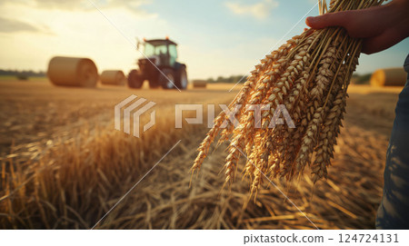 Farmer holding wheat in front of tractor working in field at sunset 124724131