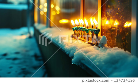 Menorah with burning candles standing on window covered with snow during hanukkah holiday celebration 124724156