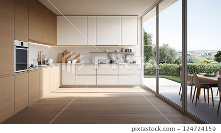 Modern kitchen opening onto garden with large bay windows 124724159