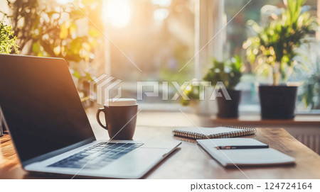 Home office desk workspace with laptop coffee and notebook at sunrise 124724164