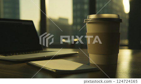 Disposable coffee cup standing on a desk with a laptop and a notebook at sunset 124724165