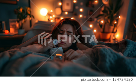 Sick young woman measuring fever lying in bed at night 124724180