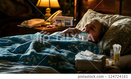 Sick woman checking fever laying in bed with tissues and medicine nearby 124724181