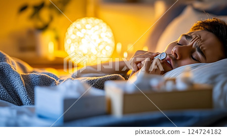 Sick young man measuring fever lying in bed at night 124724182