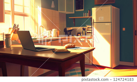 Sun is shining through the window in a cozy kitchen 124724183