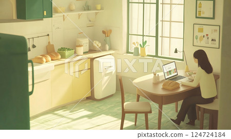 Woman working from home in sunny kitchen with laptop 3d illustration 124724184