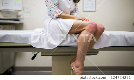Female swollen ankles is sitting on an examination table, experiencing pain in her leg 124724251