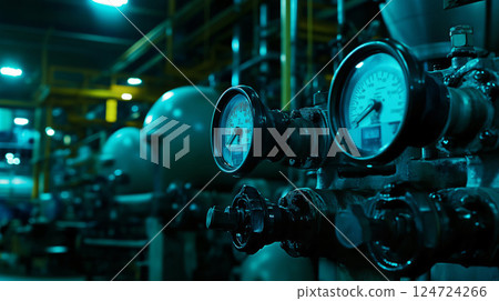 Industrial pressure gauges measuring pressure in a factory setting 124724266