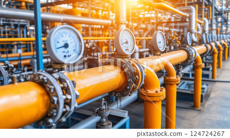 Industrial pipeline system showing pressure gauges measuring pressure Industrial pipeline system showing pressure gauges measuring pressure 124724267