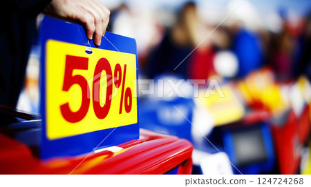 Retail worker placing red and yellow fifty percent off sign 124724268