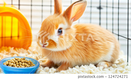 Adorable red baby bunny relaxing in its cage 124724271