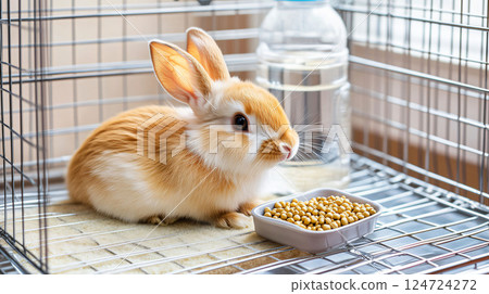Cute little red and white bunny relaxing in a cage 124724272
