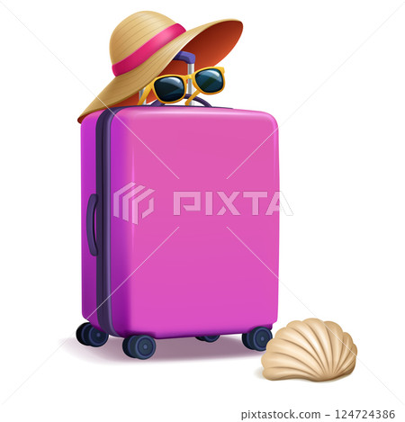 A pink suitcase with a straw hat, sunglasses, and a seashell. 124724386
