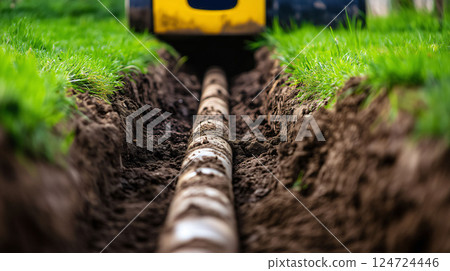 Excavator digging trench installing underground pipes in garden 124724446