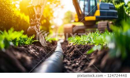 Excavator digging trench installing drainage pipe system 124724448