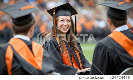 Happy college graduate smiling during ceremony with friends 124724476
