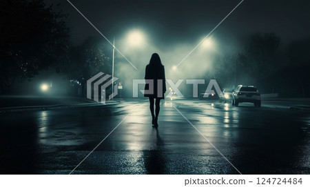 Woman walking alone on street at night with fog 124724484