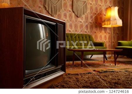 Retro living room interior with tv 124724616