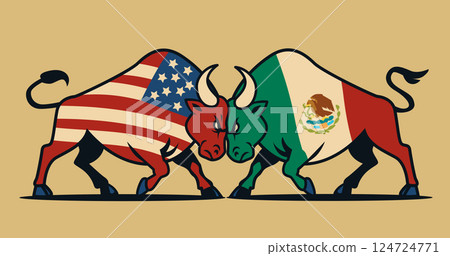 Bulls with USA and Mexico flags symbolize trade war conflict aggressive stance colorful graphic design neutral background 124724771