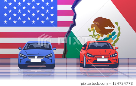 Trade war USA Mexico concept with cars flags cracked ground representing tariffs conflict automotive industry 124724778