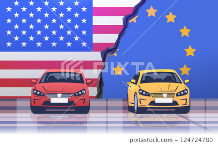 Trade war USA EU concept illustration depicting two cars facing each other against torn USA and EU flags symbolizing tariffs conflict automotive industry 124724780