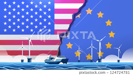 USA EU trade war concept with wind turbines divided by a crack in ocean background flags of United States and European Union USA EU trade war concept with wind turbines divided by a crack in ocean background flags of United States and European Union 124724781