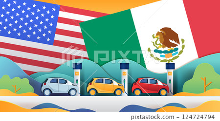 USA Mexico trade war electric cars charging at solar stations against flag backdrop landscape design 124724794