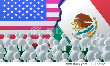 USA Mexico trade war concept illustration. Divided flags with crowd of figures symbolizing economic conflict. Bright colors and bold design for web or print 124724840