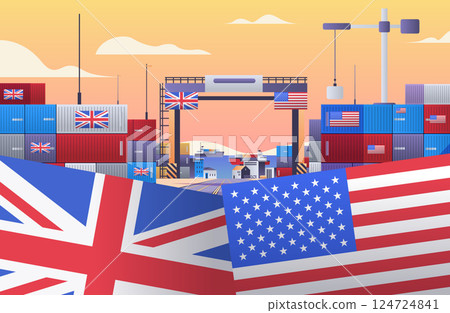 Trade war concept shipping containers port scene with UK and US flags cranes cargo containers sunset background international trade conflict Trade war concept shipping containers port scene with UK and US flags cranes cargo containers sunset background international trade conflict 124724841