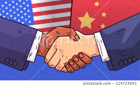 Handshake trade agreement USA China flags. Two hands shaking against American and Chinese flags symbolizing cooperation. Bright colors and clean lines 124724843